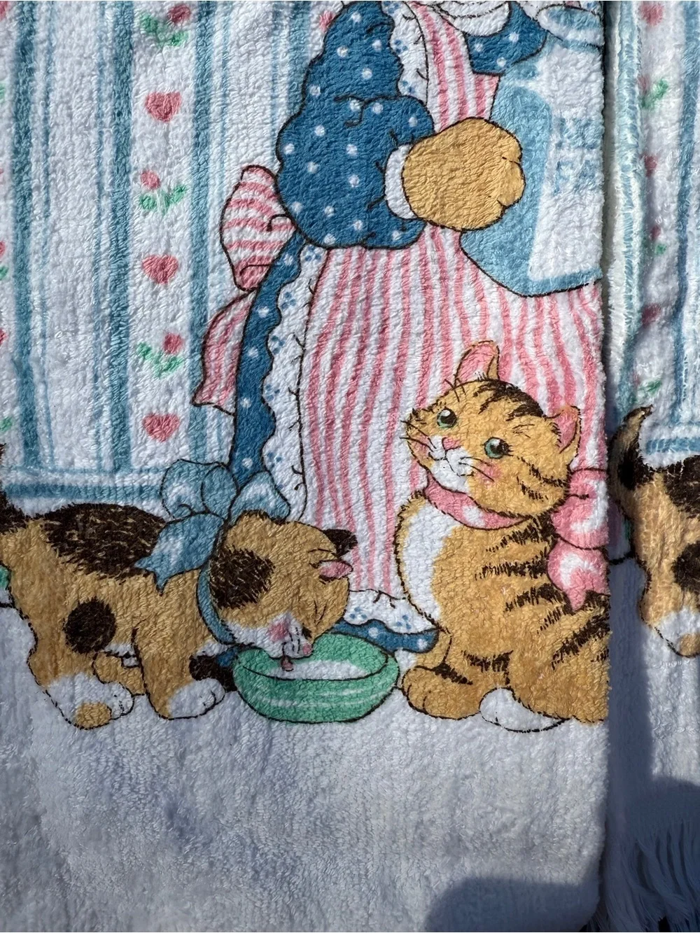 Vintage 90’s Kitchen Dish Towels Set Cat Hearts Stripes Print White Blue Pink 2